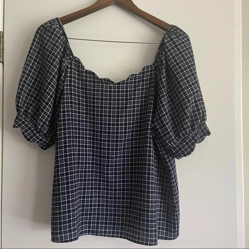 Puff Sleeve Check Plaid Scalloped Neckline Size XL Petite Checkered